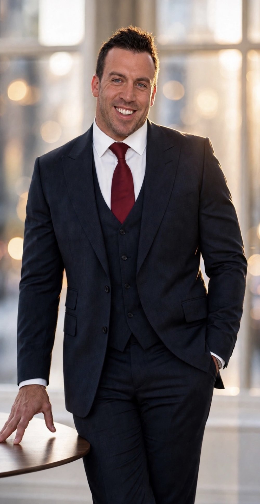 Frank DiMasi in a navy three-piece suit and red tie